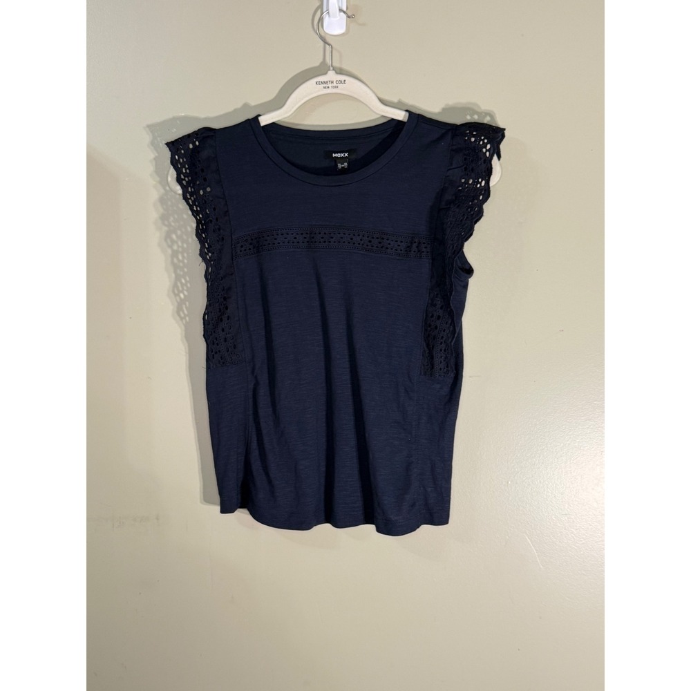 Mexx Navy Blue Eyelet Lace Flutter Sleeve Top XS Crew Neck Viscose Blend